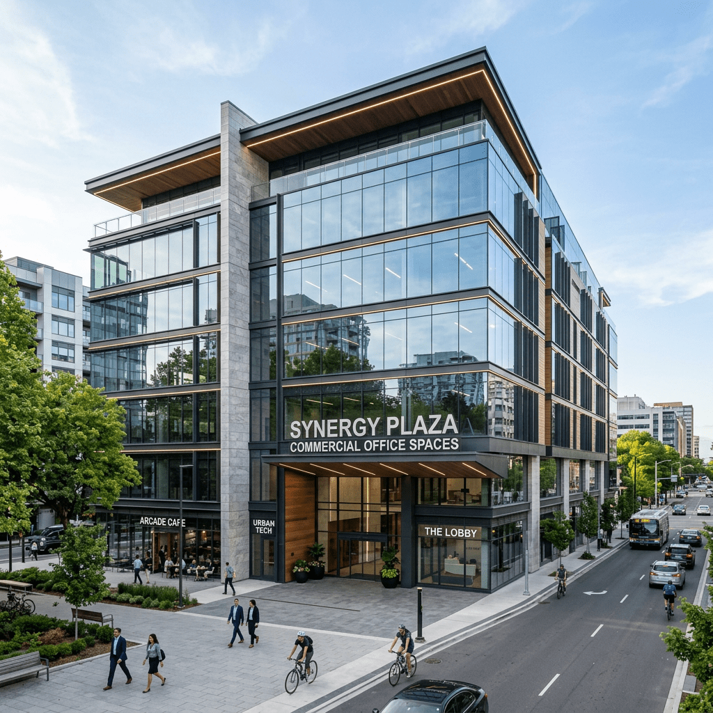 Modern glass commercial building named Synergy Plaza with people walking and cycling nearby